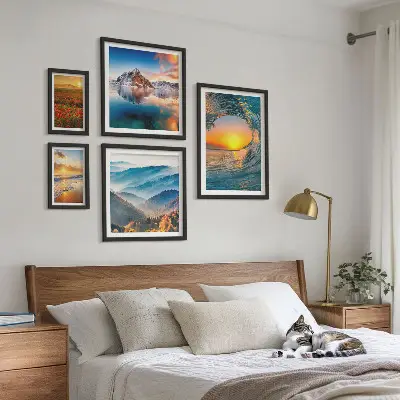Set de 5 cuadros para salón con paisajes naturales de mar montañas y flores