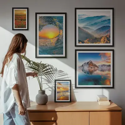 Set de 5 cuadros para salón con paisajes naturales de mar montañas y flores