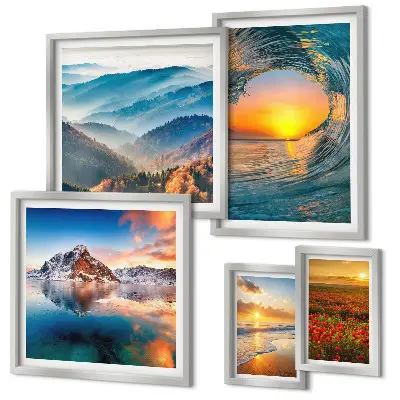 Set de 5 cuadros para salón con paisajes naturales de mar montañas y flores