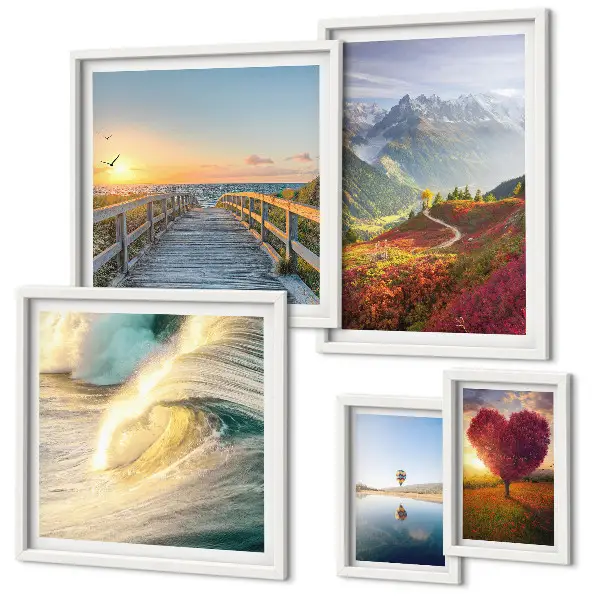 Conjunto de cuadros decorativos con motivos de paisajes de montañas, corazones, olas y globos