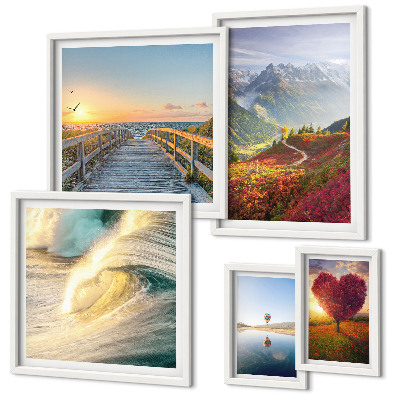 Conjunto de cuadros decorativos Paisajes montañas corazones olas globos
