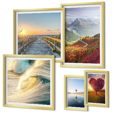 Conjunto de cuadros decorativos con motivos de paisajes de montañas, corazones, olas y globos