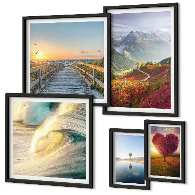 Conjunto de cuadros decorativos con motivos de paisajes de montañas, corazones, olas y globos