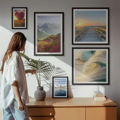 Conjunto de cuadros decorativos con motivos de paisajes de montañas, corazones, olas y globos