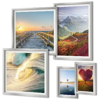 Conjunto de cuadros decorativos con motivos de paisajes de montañas, corazones, olas y globos