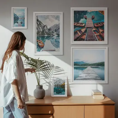 Conjunto de cuadros decorativos con paisajes de montañas y ríos
