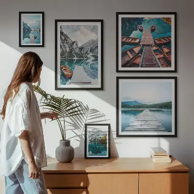 Conjunto de cuadros decorativos con paisajes de montañas y ríos