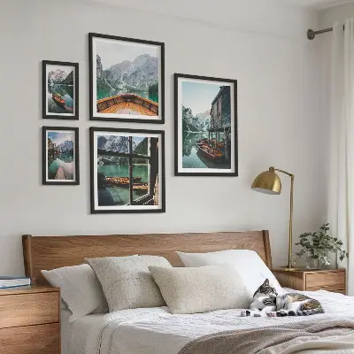 Set de 5 cuadros para salón con diseño de paisaje montañoso de lagos