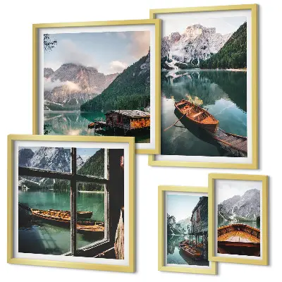 Pared galería de arte con motivos de lagos, montañas, barcos y paisajes