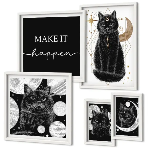 Set de 5 cuadros para salón con diseño de gatos negros estilo boho