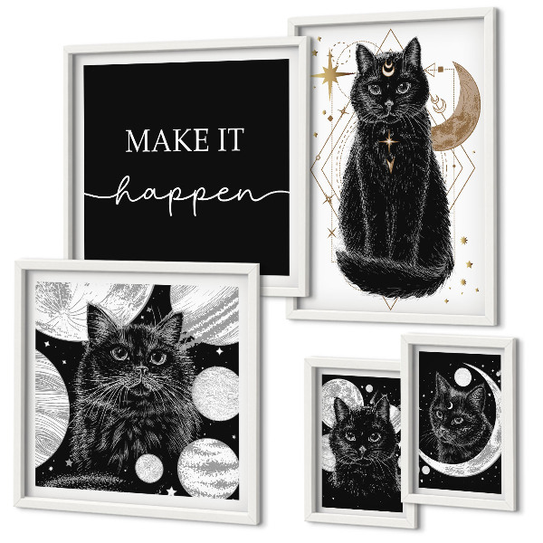 Set de 5 cuadros para salón Gatos negros espacio boho