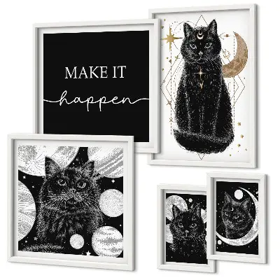 Set de 5 cuadros para salón con diseño de gatos negros estilo boho