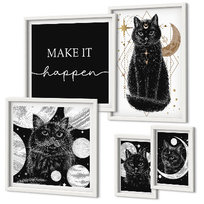 Set de 5 cuadros para salón Gatos negros espacio boho