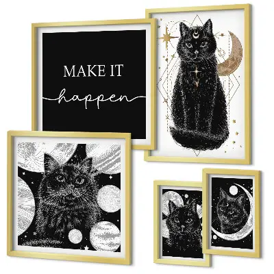 Set de 5 cuadros para salón con diseño de gatos negros estilo boho