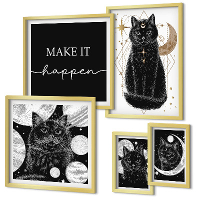 Set de 5 cuadros para salón Gatos negros espacio boho