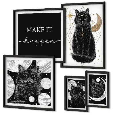 Set de 5 cuadros para salón con diseño de gatos negros estilo boho