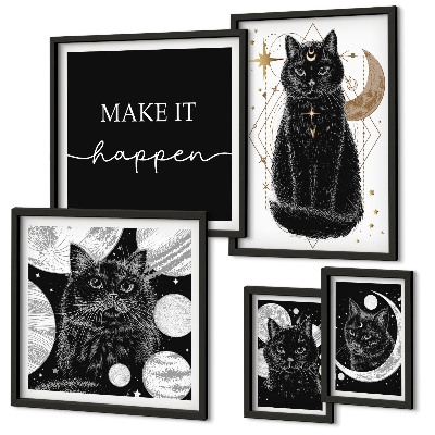 Set de 5 cuadros para salón Gatos negros espacio boho