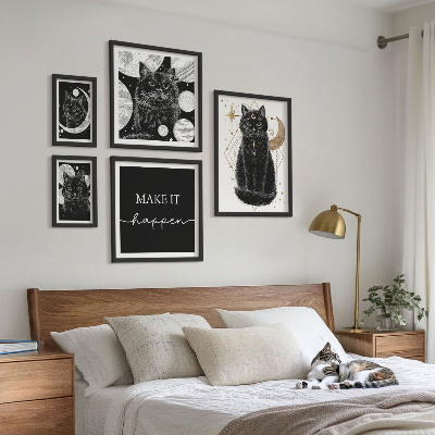 Set de 5 cuadros para salón Gatos negros espacio boho