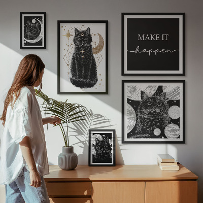 Set de 5 cuadros para salón Gatos negros espacio boho