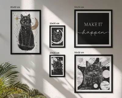 Set de 5 cuadros para salón con diseño de gatos negros estilo boho