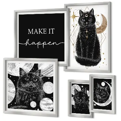 Set de 5 cuadros para salón con diseño de gatos negros estilo boho