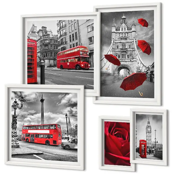 Conjunto de cuadros decorativos con motivos londinenses y detalles en rojo