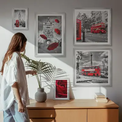 Conjunto de cuadros decorativos con motivos londinenses y detalles en rojo