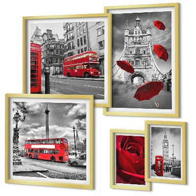 Conjunto de cuadros decorativos con motivos londinenses y detalles en rojo
