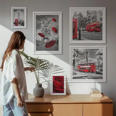 Conjunto de cuadros decorativos con motivos londinenses y detalles en rojo