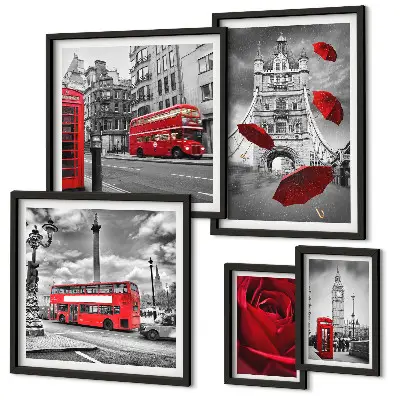 Conjunto de cuadros decorativos con motivos londinenses y detalles en rojo