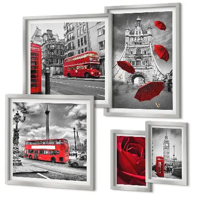 Conjunto de cuadros decorativos con motivos londinenses y detalles en rojo