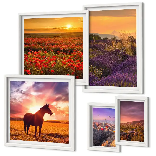 Set de 5 cuadros para salón con paisajes naturales de caballos y flores