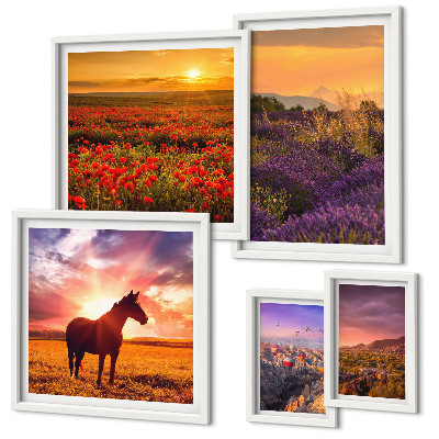 Set de 5 cuadros para salón Paisajes naturales, caballos, flores