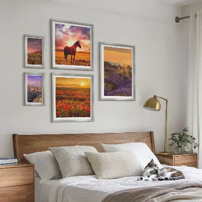 Set de 5 cuadros para salón con paisajes naturales de caballos y flores