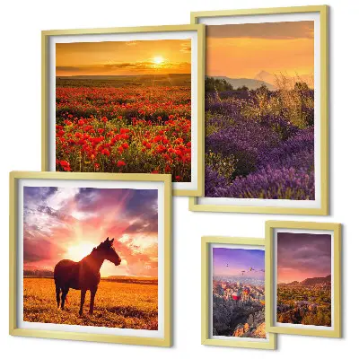 Set de 5 cuadros para salón con paisajes naturales de caballos y flores
