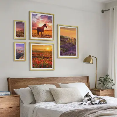 Set de 5 cuadros para salón con paisajes naturales de caballos y flores