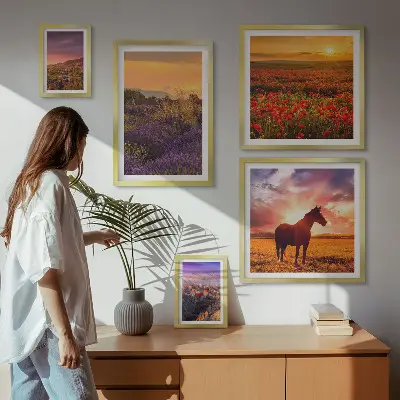 Set de 5 cuadros para salón con paisajes naturales de caballos y flores