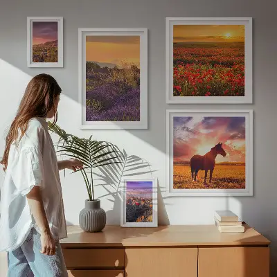 Set de 5 cuadros para salón con paisajes naturales de caballos y flores