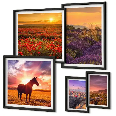 Set de 5 cuadros para salón con paisajes naturales de caballos y flores