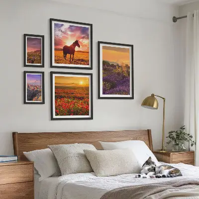Set de 5 cuadros para salón con paisajes naturales de caballos y flores