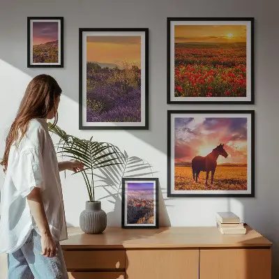 Set de 5 cuadros para salón con paisajes naturales de caballos y flores