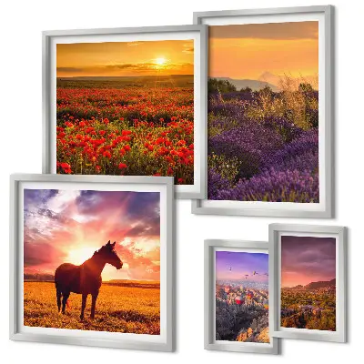 Set de 5 cuadros para salón con paisajes naturales de caballos y flores