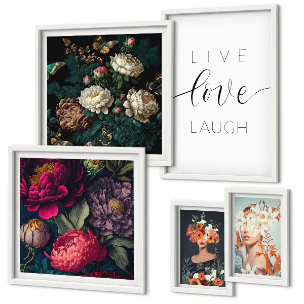 Pared galería de arte con eslóganes motivacionales florales