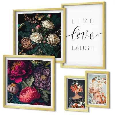 Pared galería de arte con eslóganes motivacionales florales