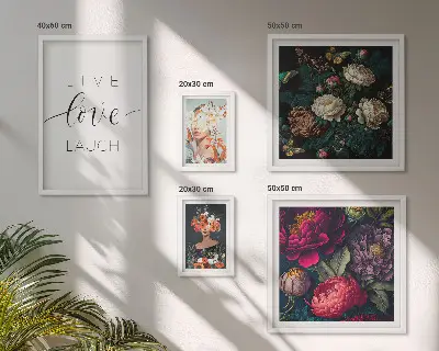 Pared galería de arte con eslóganes motivacionales florales