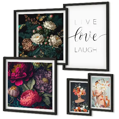 Pared galería de arte con eslóganes motivacionales florales