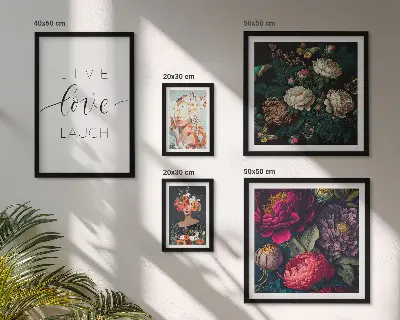 Pared galería de arte con eslóganes motivacionales florales