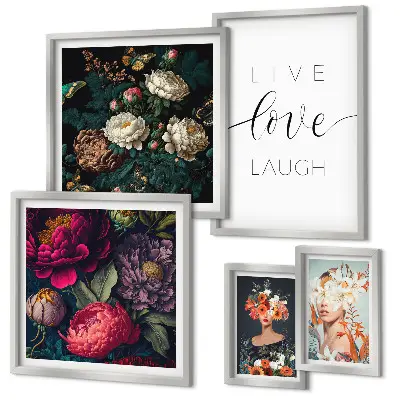 Pared galería de arte con eslóganes motivacionales florales