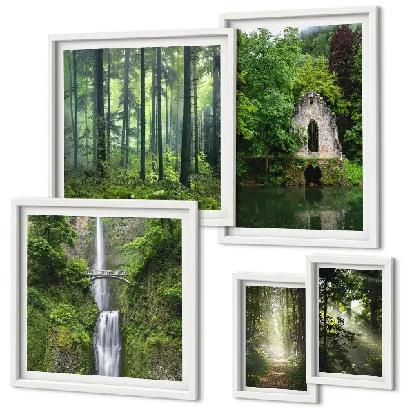 Conjunto de cuadros decorativos de bosques verdes y cascadas con temática de naturaleza