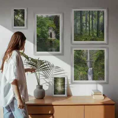 Conjunto de cuadros decorativos de bosques verdes y cascadas con temática de naturaleza